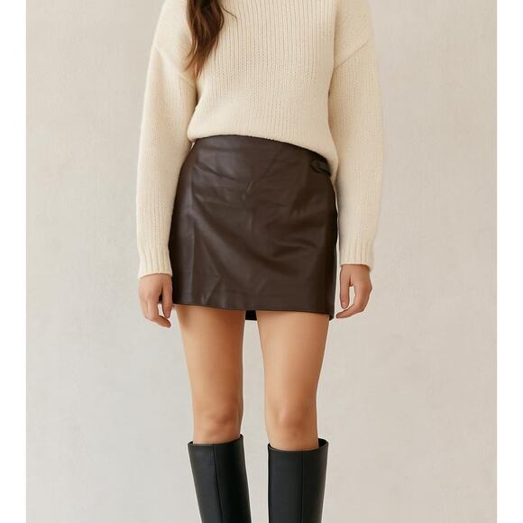 Massimo Dutti Nappa Leather Wrap Mini Skirt Skort Brown Large